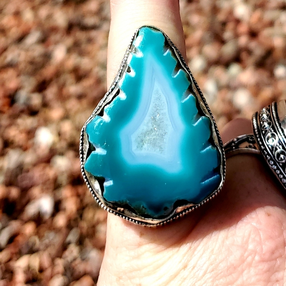 New Amazing Carved Agate Druzy 925 Silver Statement Ring.